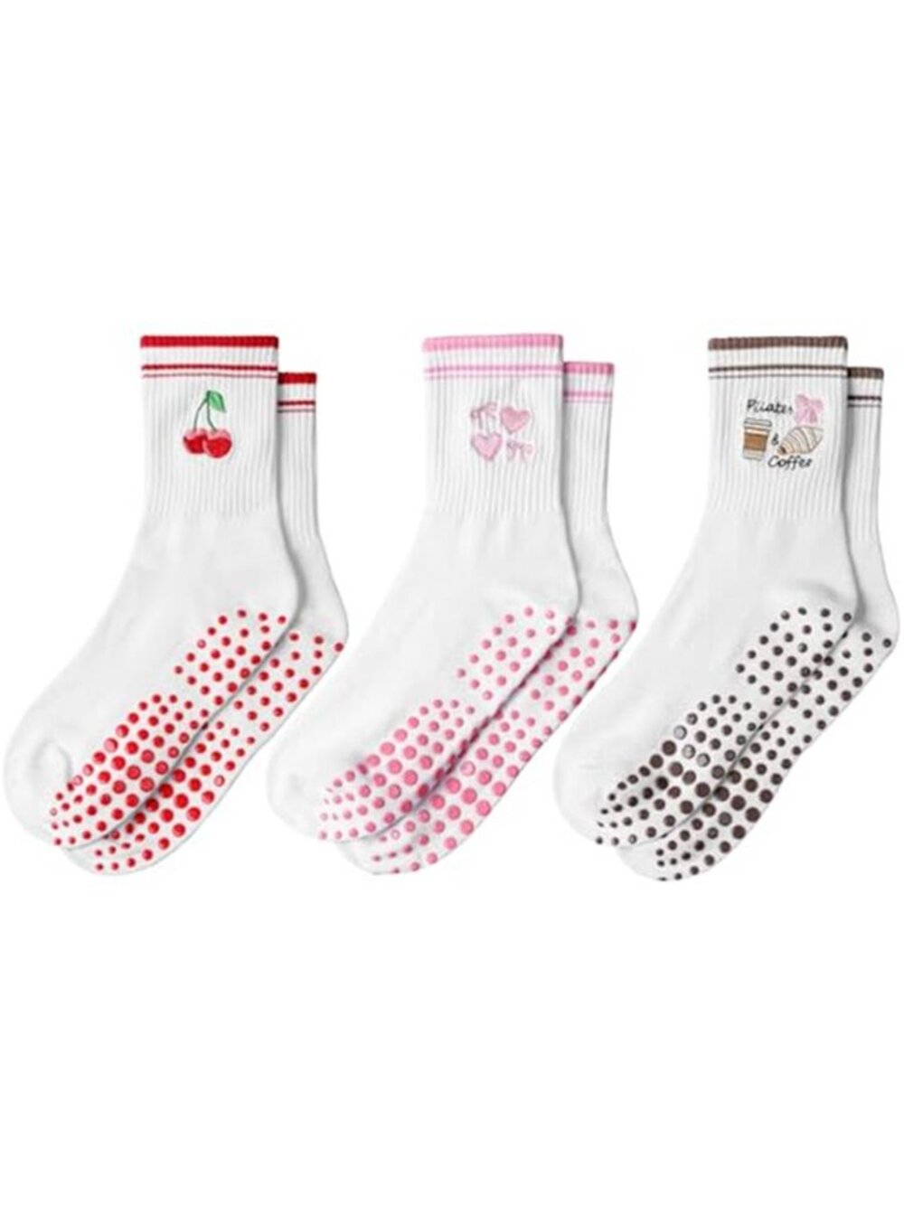 Pilates Socks Non Slip: 3 Pairs Grip Women Crew Socks Embroidery Pattern
